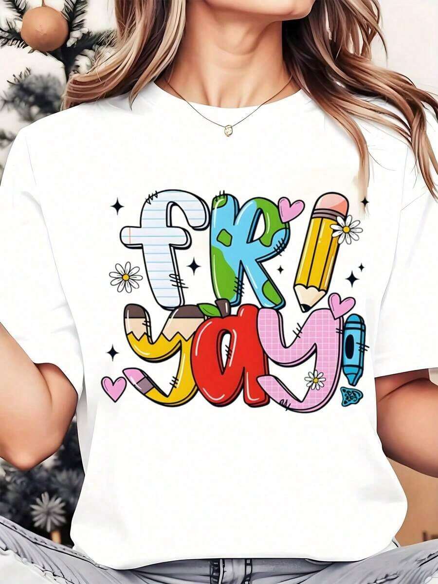 Women's Friday Fun T-Shirt With Colorful Letter Print, Round Neck, Casual Daily Wear, Soft And Comfortable, Holiday T-Shirt 220g Loose Fit T-Shirt For Women - 白色 - 查看 1