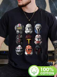 Camiseta de manga corta extra grande y oversized con estampado de casco de las Guerras Clon, cuello redondo casual para hombre - Ropa de primavera y verano - Negro - Ver 1