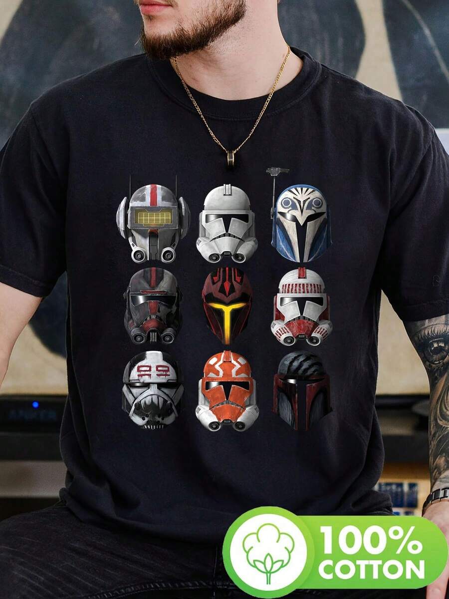 Camiseta de manga corta extra grande y oversized con estampado de casco de las Guerras Clon, cuello redondo casual para hombre - Ropa de primavera y verano - Negro - Ver 1