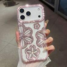 水鑽電鍍極簡 3D 花朵 TPU 多巴胺手機殼，適用 14、14 Pro、14 Plus、14 Pro Max、15、15 Pro、15 Pro Max、16、16 Pro、16 Plus、16 Pro Max、17、17 Pro、17 Pro Max，美學風格 - 粉色 - 查看 2