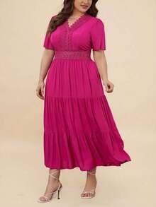 Talla grande Vestido con encaje bajo a capas - Rosa Fucsia - Ver 3