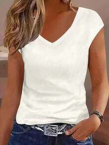 Camiseta de mujer de unicolor con escote en V, minimalista y de moda, adecuada para el verano - Blanco - Ver 1