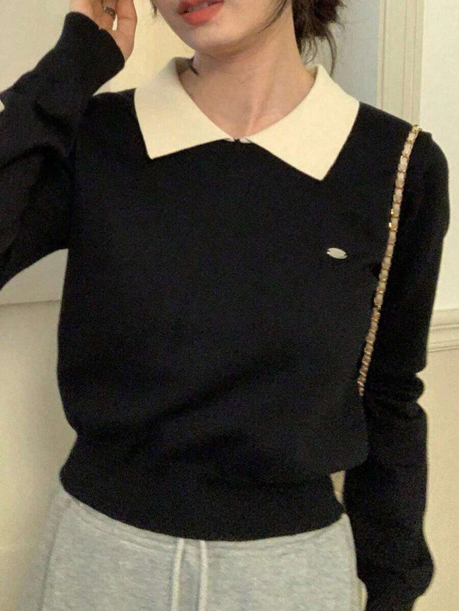 Suéter corto de estilo coreano con cuello de polo para otoño/invierno, jersey ligero, color block, manga larga, jersey de punto casual para mujer - Negro - Ver 1