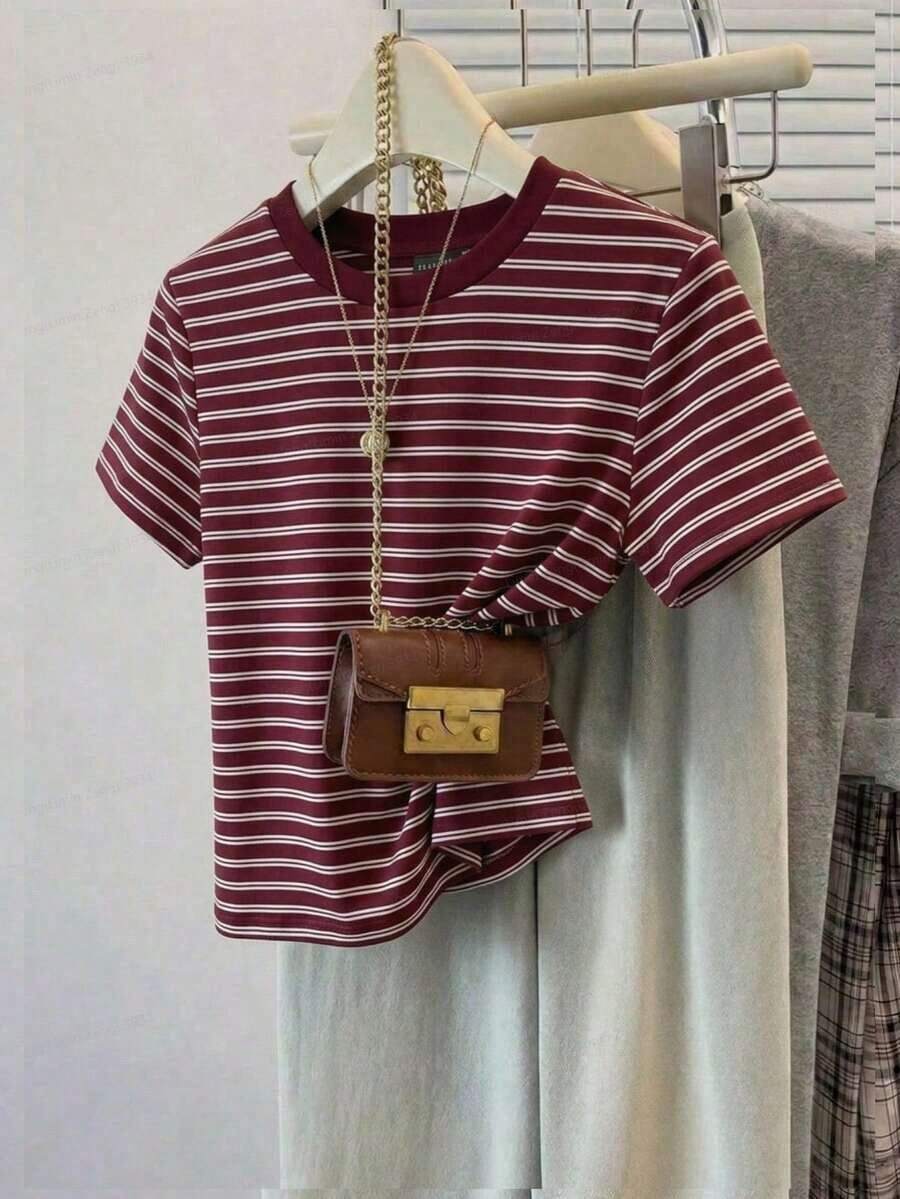 Camiseta de mujer de manga corta, cuello redondo, holgada y minimalista casual, camiseta a rayas, ropa de verano para mujer - Multicolor 5 - Ver 1