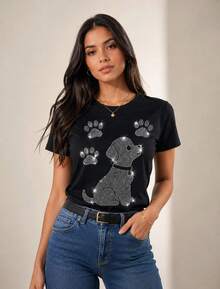 Women's T-Shirt With Puppy Design And Sparkling Rhinestones - Plateado - Ver 3