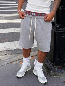 1pc Teens' Spring/Summer 2 In 1 Plaid Waistband Shorts, American Casual Loose Bermuda Shorts, Sporty Pants - Light Grey - View 1