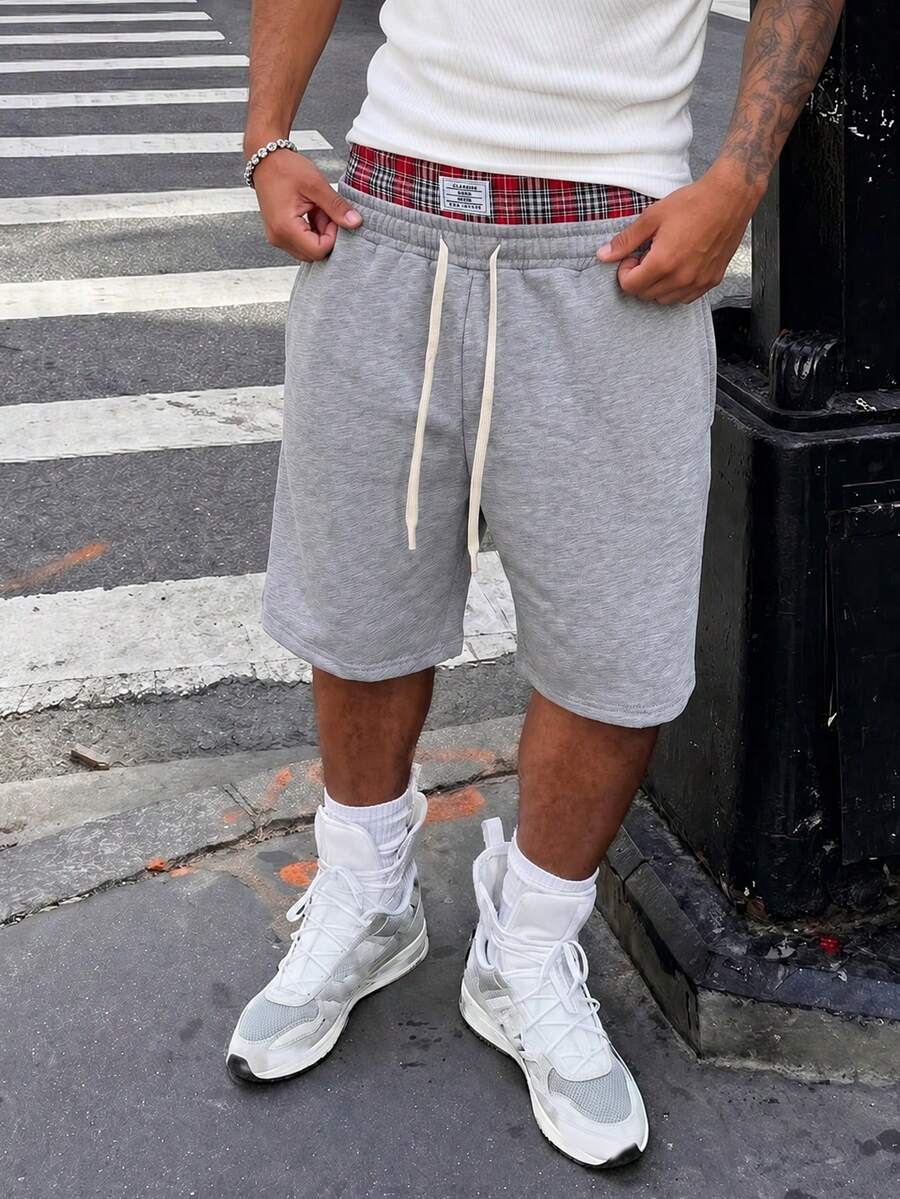 1pc Teens' Spring/Summer 2 In 1 Plaid Waistband Shorts, American Casual Loose Bermuda Shorts, Sporty Pants - Light Grey - View 1