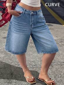 Plus Size Bermuda Shorts With Light Wash, Straight Leg Design With Pockets And Zipper, Stylish Look Casual Summer - Medium Wash - View 6