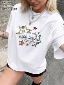 Camiseta de manga corta estilo Y2K para mujer, con estampados únicos y divertidos de letras inglesas y estrellas, elegante, casual y sexy, hecha de una mezcla de poliéster y spandex, adecuada para tallas S, estilo urbano. Camisetas de verano con estampado gráfico sencillo, regalo informal para el Día de la Madre. Adecuado para primavera, verano y otoño. - Blanco - Ver 1
