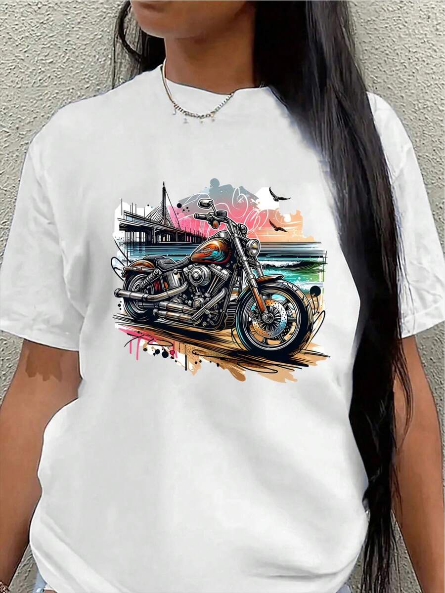 Lightweight And Durable Motorcycle-Themed T-Shirts Are Perfect For Casual Outings At Home Or In A Cafe, Making Them An Ideal Choice For Motorcyclists And Motorcycle Enthusiasts, Offering A Comfortable Everyday Wearing Experience. - 白色 - 查看 1