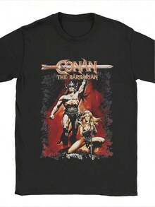 Camiseta de manga corta con estampado elegante de Conan, el bárbaro vintage (Espadachín rojo y naranja) para hombre - Cuello redondo, 100% algodón, corte regular, transpirable, perfecta para salidas de verano. - Negro - Ver 2