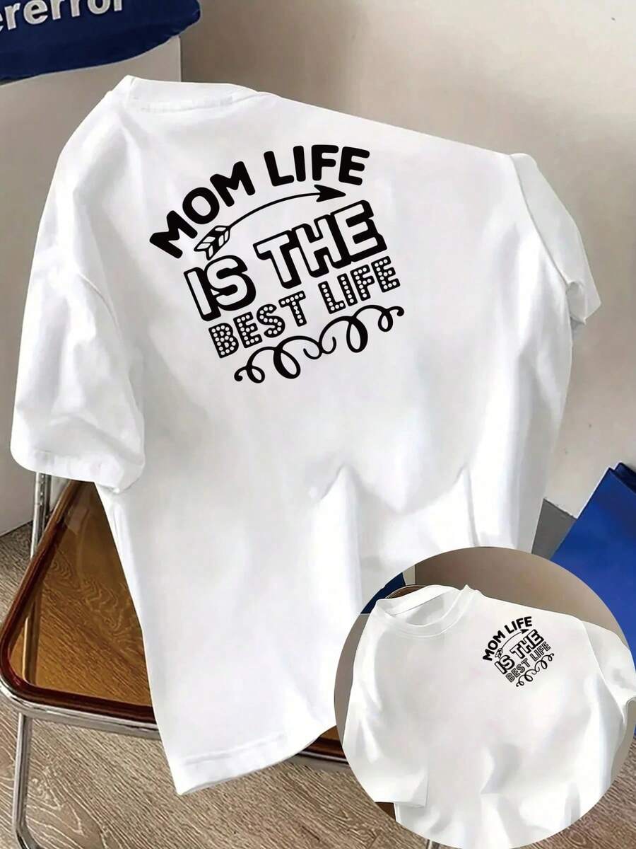 Camiseta de manga corta con estampado frontal y trasero, estampado con fuente vintage, camiseta casual de mujer única y a la moda, top casual de manga corta con cuello redondo, adecuada para verano y primavera, ropa de mujer 100% algodón. - Blanco - Ver 1