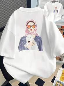 Camiseta estampada de manga corta, camiseta casual de una sola pieza para mujer a la moda con una mujer usando gafas de sol, top casual de manga corta y cuello redondo, adecuada para verano y primavera, ropa de mujer 100% algodón. - Blanco - Ver 7
