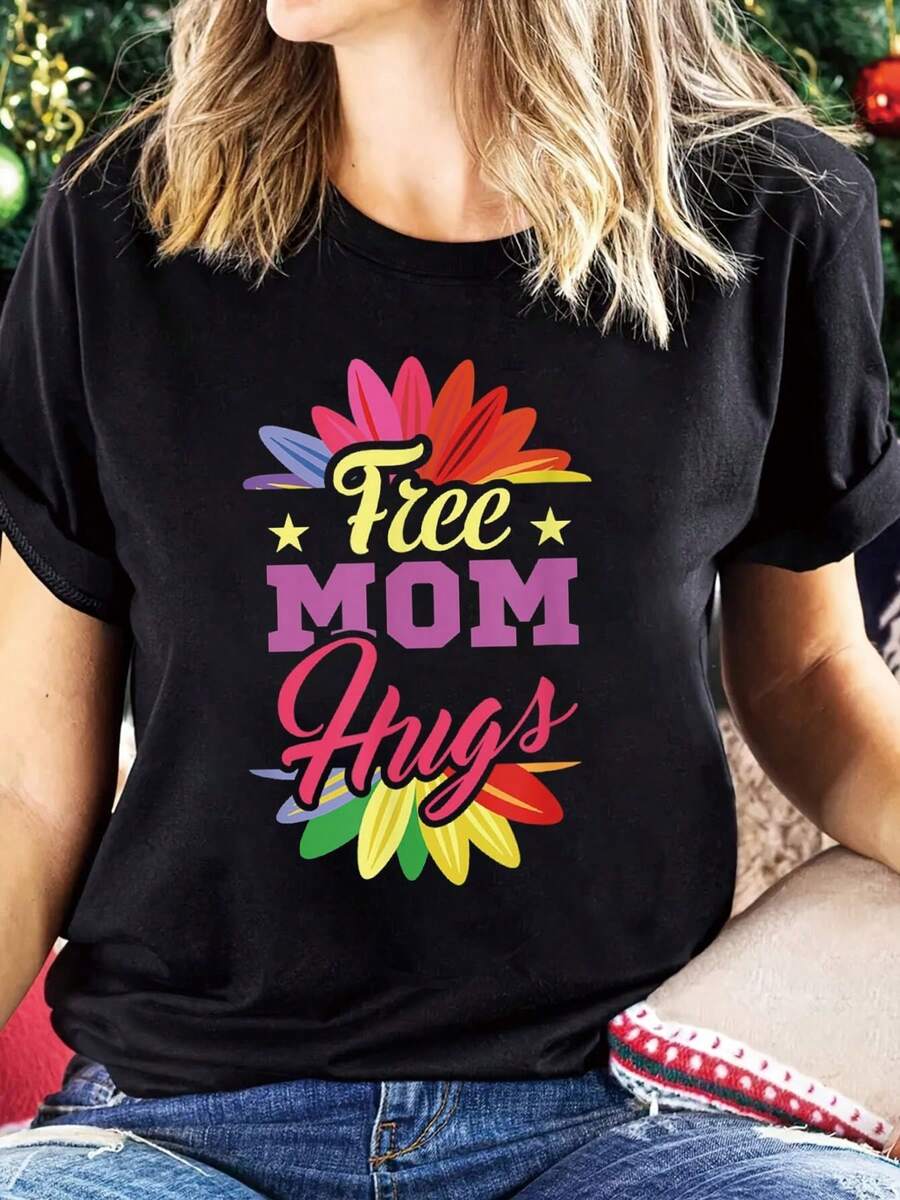 Ropa de talla para mujer, camiseta Mom que abraza el orgullo LGBTQ+ - Diseño floral y de estrellas eníris, negra con letras rosas, top casual de manga corta y cuello redondo, utilizada para apoyar los derechos de los homosexuales, para uso diario y eventos de orgullo, cómoda para todas las estaciones - Camiseta unisex de algodón holgada de manga corta y cuello redondo, estilo vintage urbano. - Negro - Ver 1