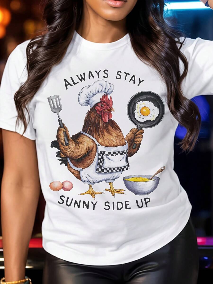 Size - Women's Funny Kitchen Print T-Shirt - Rustic Kitchen Design With The Phrase "Keep Sunshine Facing Up" - White T-Shirt With Red And Sun Looking Up - Casual Wear For Everyday Use And Kitchen - Unisex Loose Cotton Short Sleeve Crew Neck T-Shirt, Vintage Urban Style - 白色 - 查看 1