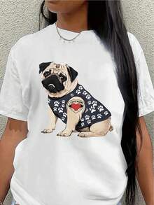 Short-Sleeved Polyester T-Shirt With A Pug Print, Suitable For Wearing At Home Or In Restaurants As Casual Wear. Lightweight And Durable Design, Comfortable And Fitted For Everyday Wear, Adorned With Cute Animal Patterns In Blue Details. Women's Casual Blouse - 白色 - 查看 7