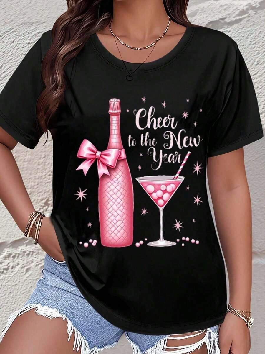 Camiseta Casual de Manga Corta para Mujer, Diseño de Fiesta de Año Nuevo, Estampado de Botella de Champán Rosa, Texto "Brindemos por el Año Nuevo", Ropa para Fiestas y Festivales, Moda - Negro - Ver 1
