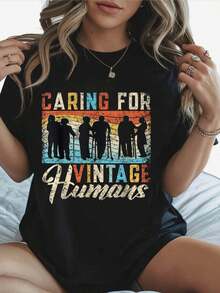 Cómodo Camiseta para Cuidadores de Ancianos, Enfermeras y Trabajadores de la Salud, con el eslogan "Cuidando de Humanos Vintage" Disponible, camiseta unisex de manga corta con diseño de siluetas de cuidadores de ancianos y pacientes Regalo ideal para enfermeras, médicos y asistentes de cuidado, playeras de mujer algodon, blusa casual mujer,  mujer - Negro - Ver 1