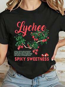Camiseta Casual 100% Algodón para Mujer, Estilo Retro con Estampado de Fruta Botánica de Lichi, Exótica, Tropical, de Verano - Negro - Ver 7