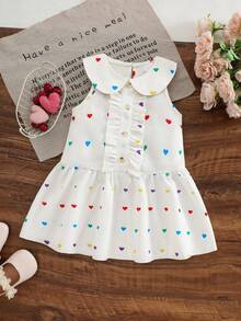 Girls' Pure White Sleeveless Dress With A Peter Pan Collar, Vertical Ruffles, And A Loose A-Line Skirt With Colorful Heart Prints All Over - White - View 4