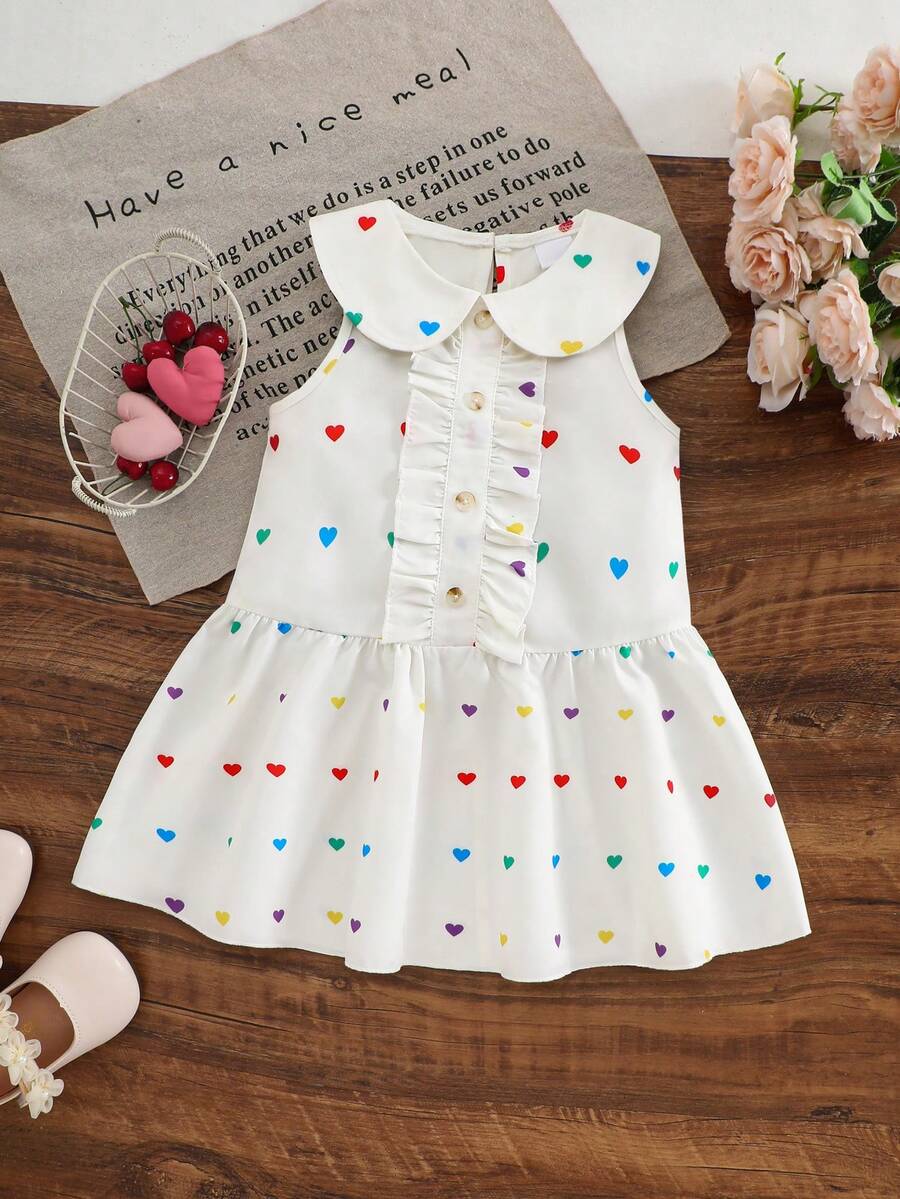 Girls' Pure White Sleeveless Dress With A Peter Pan Collar, Vertical Ruffles, And A Loose A-Line Skirt With Colorful Heart Prints All Over