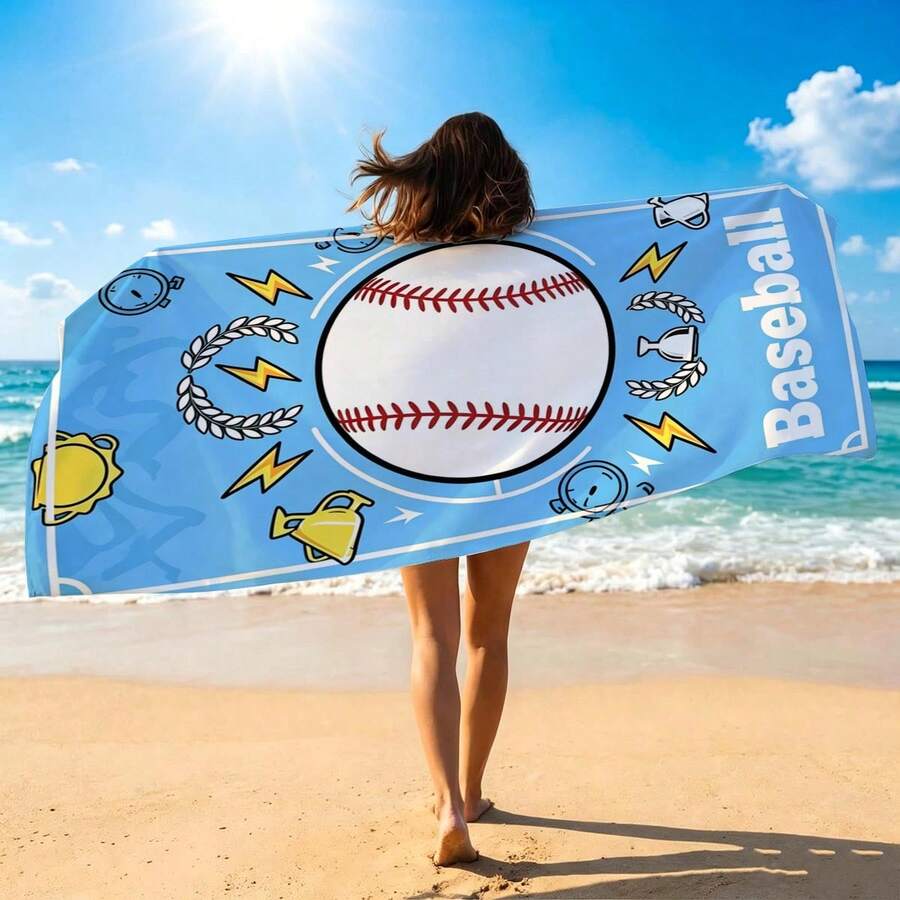 1 pieza Toalla de playa con tema de béisbol, manta de playa de microfibra ultrasuave impresa, disponible en varios tamaños, ligera, adecuada para nadar, acampar, deportes, playa o gimnasio, accesorios de playa | Toalla de playa moderna | Alfombra de playa duradera - azul - Ver 1