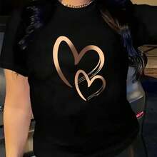 Camiseta de manga corta para mujer, blusa bonita de mujer con estampado de corazón abstracto, negra , estampado de corazón de alta calidad, cuello redondo, corte básico holgado, ideal para un look casual diario - Negro - Ver 9