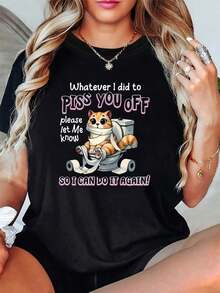 Camiseta de Algodón Estilo Vintage con Estampado de Slogan de Lisboa, Talla Grande - Por favor, avísame qué te hice para que pueda hacerlo de nuevo. Camiseta de Mujer de Talla Grande con Estampado Gráfico, Manga Corta, Cuello Redondo, Top Casual para Verano y Primavera, Ropa de Mujer para el Uso Diario de Verano. - Negro - Ver 1