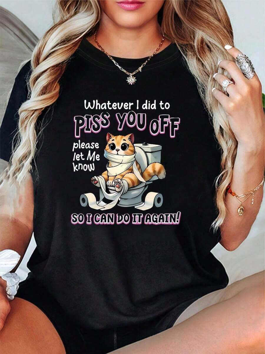 Camiseta de Algodón Estilo Vintage con Estampado de Slogan de Lisboa, Talla Grande - Por favor, avísame qué te hice para que pueda hacerlo de nuevo. Camiseta de Mujer de Talla Grande con Estampado Gráfico, Manga Corta, Cuello Redondo, Top Casual para Verano y Primavera, Ropa de Mujer para el Uso Diario de Verano. - Negro - Ver 1
