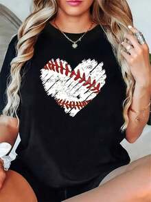 Fashion NEWCamiseta Gráfica de Béibol y Sóftbol para Mujeres Talla Grande - Negra con Diseño Corazón Blanco & Naranja, Patrón Costura Rojo al Estilo Baseball Seam Patterns, Cuenta Corto Cuello Redondo Casual Confortable s Camisa Atuendo casual e Ideas Para Capear el Frío Todos los Días del Año Versatil Top Fans De Beisebal Lavado a Maquina Tejido Suave Transpirable Motivo Temático Del Juego Baton Y Pelota Ropa, Outfit Diario Moderada Enthusiast-Vintage Street Style Unisex Loose Cotton Short Sleeve Crew Neck T-Shirt - Negro - Ver 7