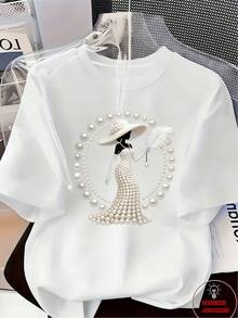¡Una pieza de ropa elegante, de estilo lujoso y de alta gama! Camiseta estampada para mujer - diseño adornado con perlas y pedrería para mujer|Estilo casual, lujoso y glamuroso para el día a día|Tela suave y transpirable, top casual de manga corta con cuello redondo para primavera y verano, lavable a máquina, cómodo y versátil. Talla grande, 180g, 100% algodón. - Blanco - Ver 6