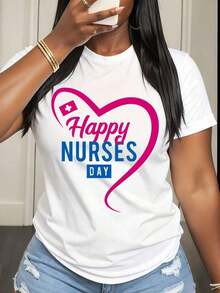 Camiseta de Mujer con Diseño de Corazón para el Día de las Enfermeras, para Uso Casual en Primavera y Verano - Blanco - Ver 6