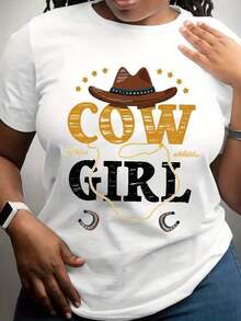 100% Cotton, Women's T-Shirt, Plus Size Women's Denim T-Shirt, Cowboy Hat And Bow Tie Print, Ideal For Women's Casual Wear, Party Wear And Rural Festivals. - 白色 - 查看 8