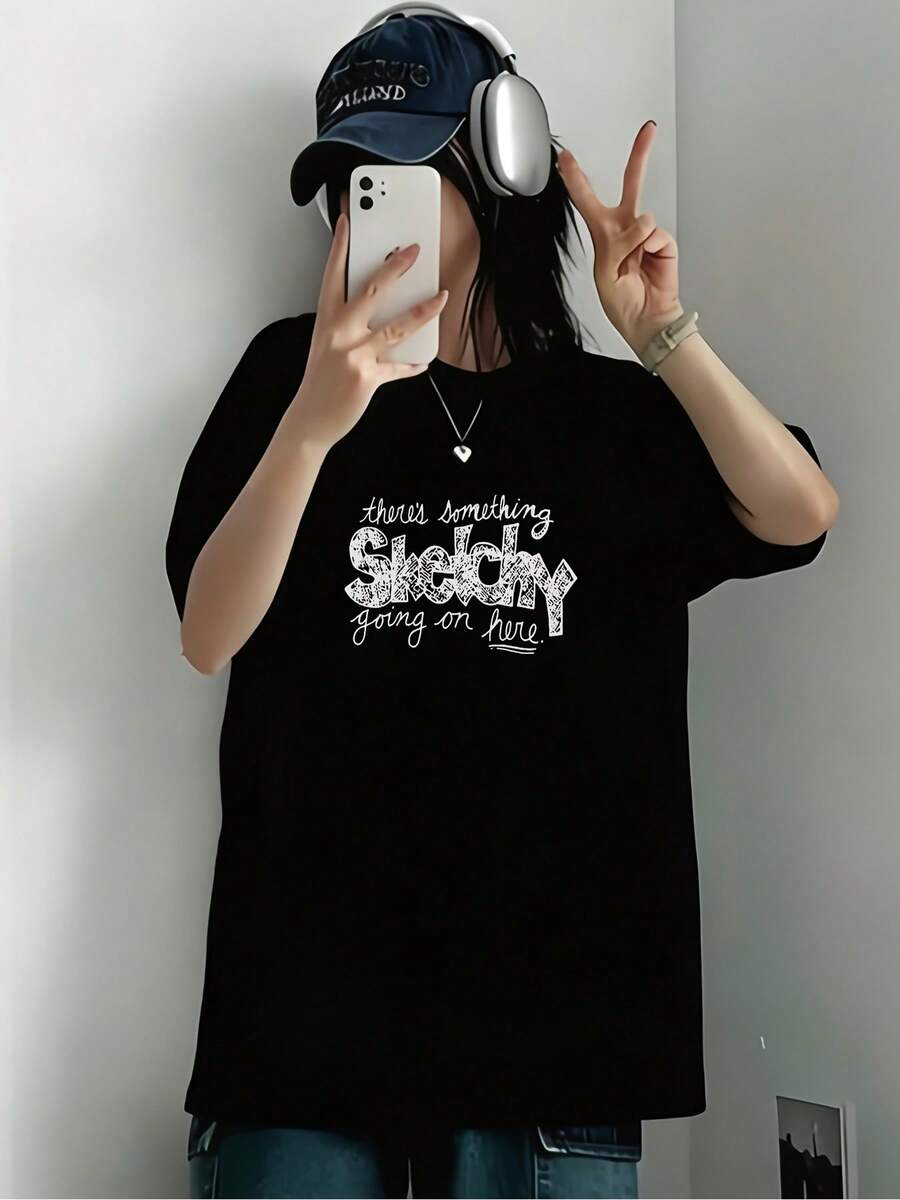 Ropa de mujer: Camiseta de manga corta de corte holgado y estilo casual, estilo vintage dulce y moderno, estampado de letras "Sketchy", tela de algodón puro, estilo Y2K, adecuada para salidas frecuentes de verano, top versátil para uso casual y Y-wear, camisas de mujer. - Negro - Ver 1