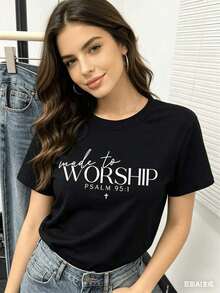 Camiseta casual de verano con cuello redondo, ropa deportiva religiosa, camiseta con el Salmo 95:1, ropa deportiva cristiana, sudadera con capucha bíblica, camiseta religiosa, camiseta de fe, regalo cristiano para mujer, camiseta de manga corta ajustada para mujer. - Negro - Ver 3