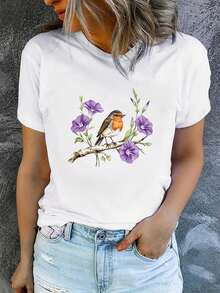 Women's Printed Short-Sleeved T-Shirt With Round Neck, Modern And Casual, Machine Washable, Comfortable Fit, 2D Flat Print, Casual 2D Blouses For Women. - 白色_05 - 查看 7