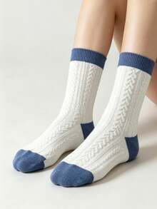 5 Pairs Blue & White Bear Pattern Comfortable Breathable Mid-Calf Socks For Female Students, Suitable For Spring And Autumn - Multicolor - View 3