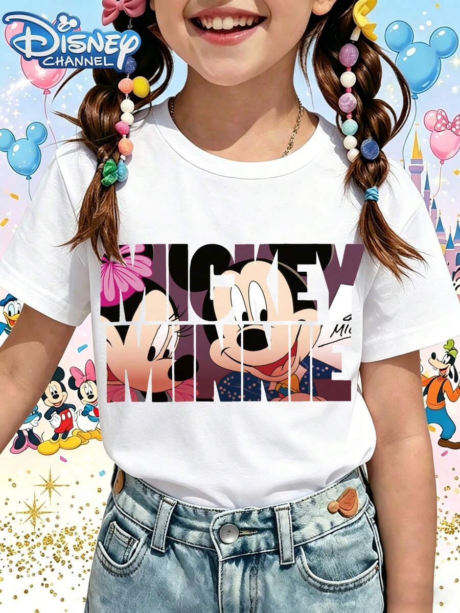 Disney Girls' Short Sleeved T-Shirt Disney Channel Mickey And Minnie T Shirt White Mickey Mouse And Minnie Mouse Print For Kids Party Wear - trắng - Xem 1