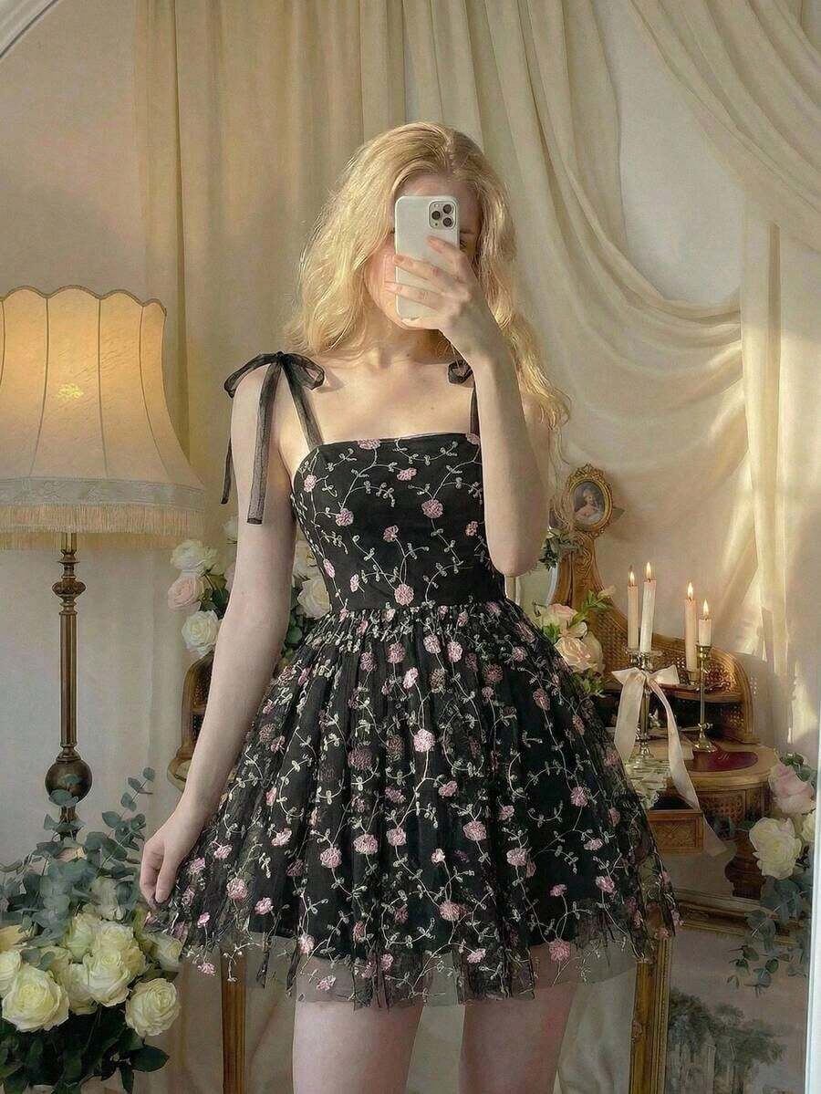 MOD Vestido estilo retro con estampado floral rosa y cinturón con lazo - Multicolor - Ver 1