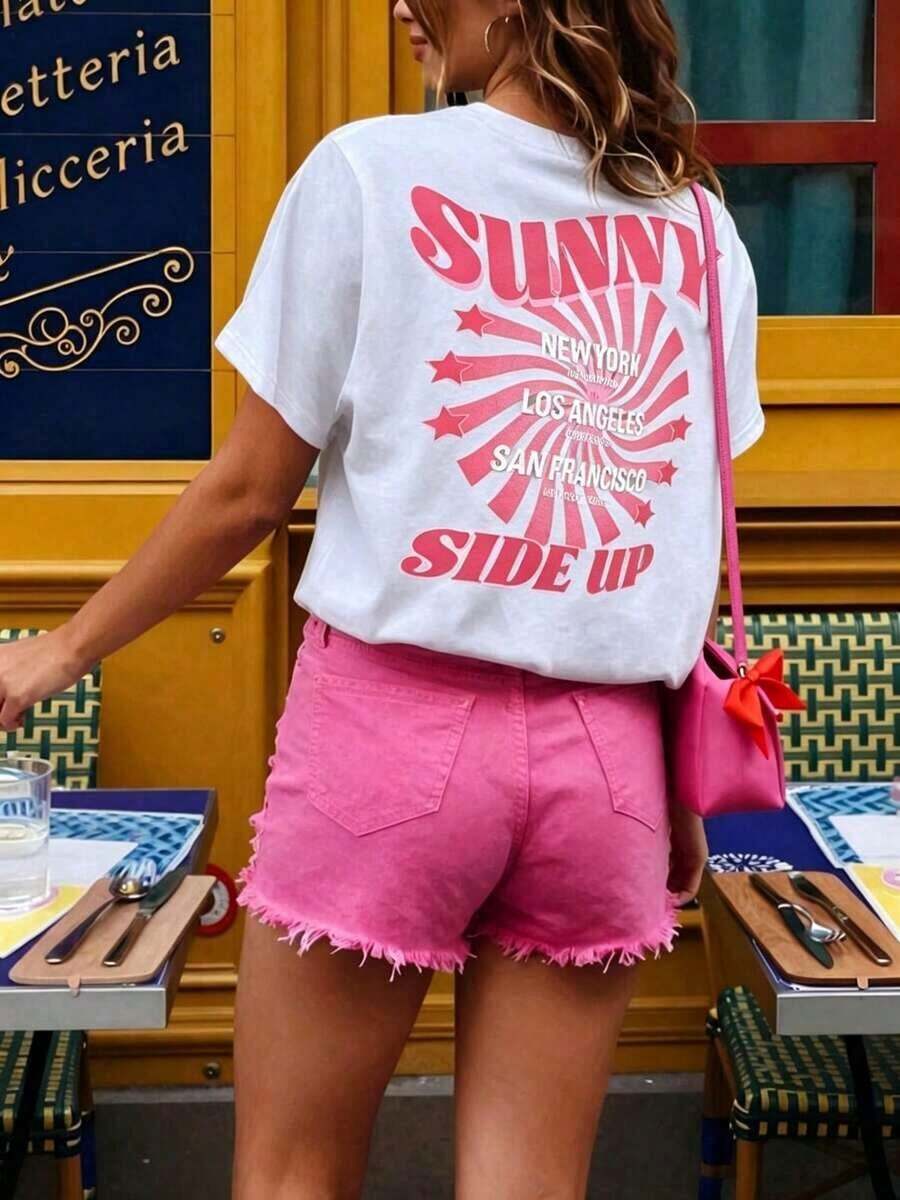 Suave Retro "Sunny Side Up" Camiseta con Gráfico de Nombre de Ciudad para Mujer, Casual, Hombros Caídos, Manga Corta, Corte Holgado, blusas casuales, playeras de mujer algodón - Blanco - Ver 1