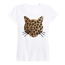 Mensaje Instantáneo - Cara de Gato con Estampado de Leopardo - Camiseta Gráfica de Manga Corta para Mujer - Blanco - Ver 6