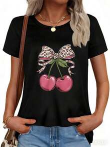 2026 Blusa Casual para Mujer con Estampado de Cerezas y Lazo de Leopardo - Negro - Ver 3