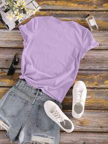 New And Fashionable 2026 Women's T-Shirt With Spanish Letter Print, Casual Spring Summer T-Shirt, Round Neck, Short Sleeve, Sports T-Shirt, PEHB Women's Top - 紫色 - 查看 2