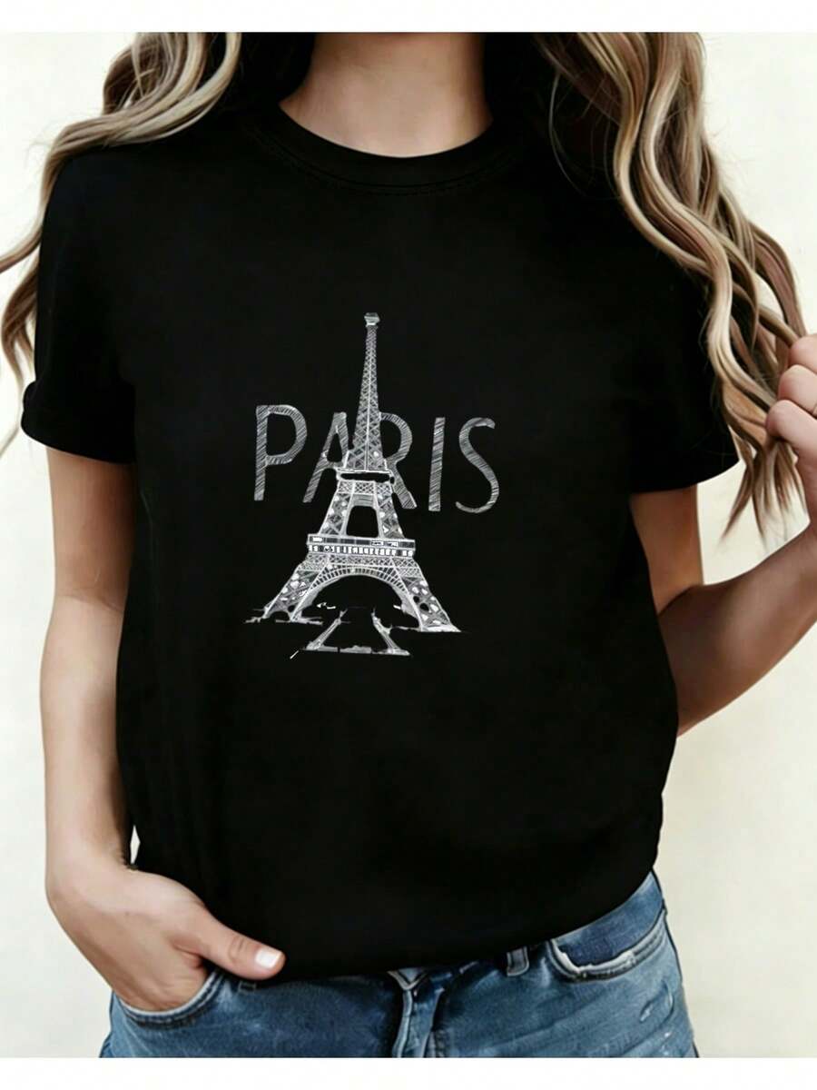 Camiseta de Cuello Redondo con Estampado de la Torre Eiffel, Camiseta Casual de Manga Corta para Primavera/Verano, Top de Cuello Redondo con Estampado para las Cuatro Estaciones para Mujer 01 Q96C - Negro - Ver 1