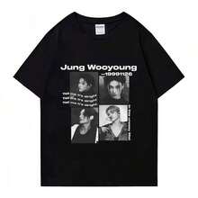 Graphic Tees Men Summer Collection 2026 Black T-Shirt With Wooyoung Graphic For Men And Women, Fashionable Oversized Short-Sleeve T-Shirt, Summer Top 100% Cotton Unisex Style Summer Outfit, Father's Day Graduation Independence Day, For Men - màu đen - Xem 6