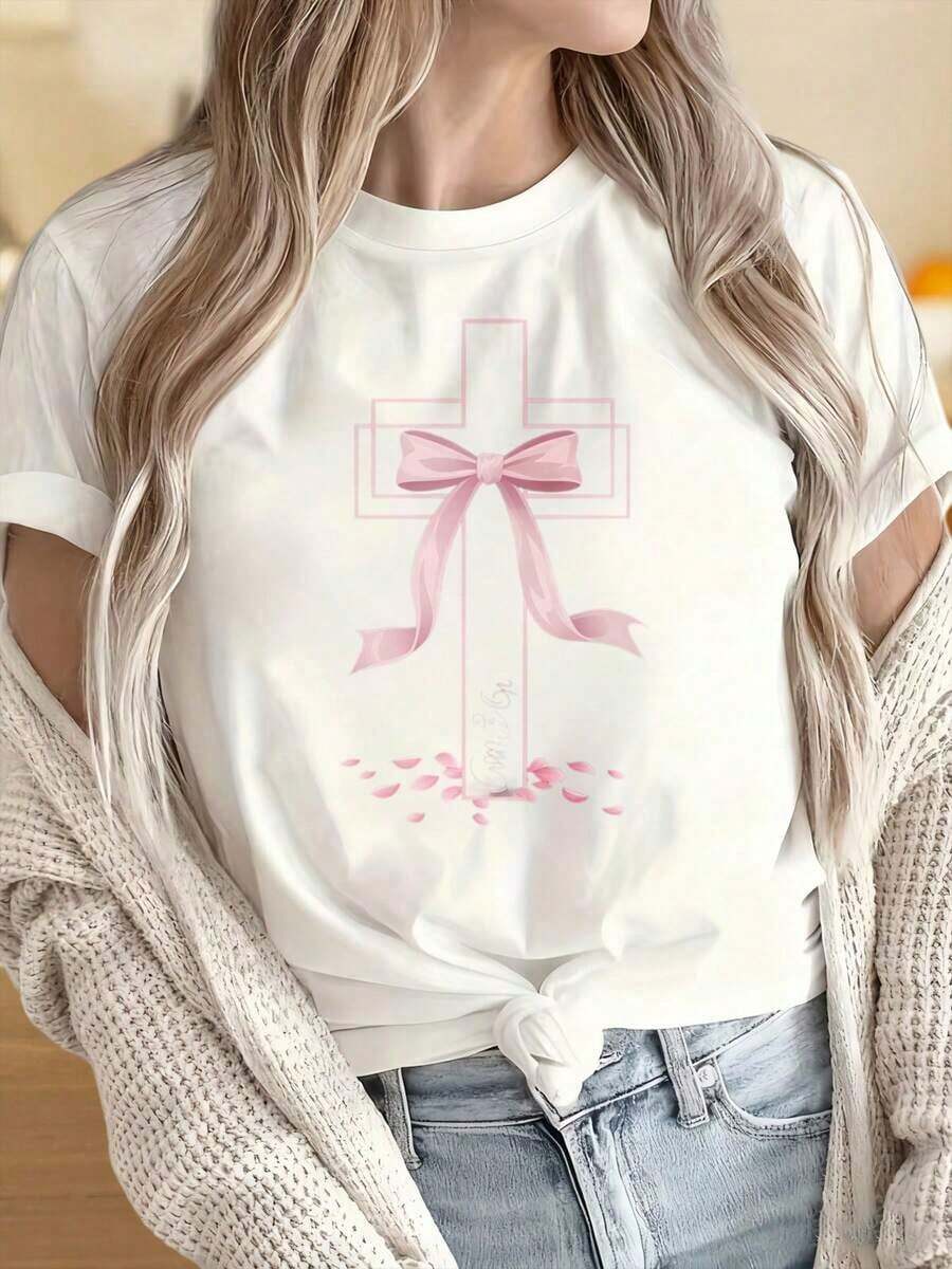 Camisetas para Mujer y Hombre con Cuello Redondo y Mangas Cortas, Diseño de Cruz Cristiana con Lazo Rosa y Pétalos, Camiseta para Mujer con Diseño Inspirado en la Fe, Ropa Casual Cómoda para el Estilo Diario, Estampados Divertidos Ideales para Fiestas de Navidad, Actividades Deportivas, Fiestas de Fin de Año, Salidas, Deportes y Otros Regalos Festivos. - Blanco - Ver 1