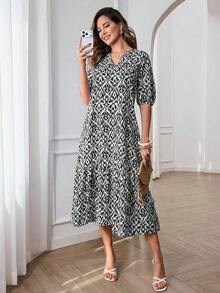 Summer Dress With All-Over Print, Notched Collar And Puff Sleeves, Bohemian Style For Vacation - Grey - View 5