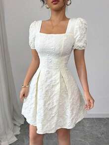 Women's Dress With Puff Sleeves And Square Neck, Fashionable For Summer - 白色 - 查看 6