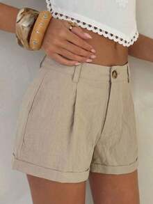 Pantalones cortos de verano informales de unicolor con dobladillo vuelto - Caqui - Ver 3