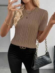 Suéter con cuello redondo y decoración trenzada con cuerda, inspirado en de blogueros, diseño de moda versátil, otoño/invierno - Camel - Ver 6